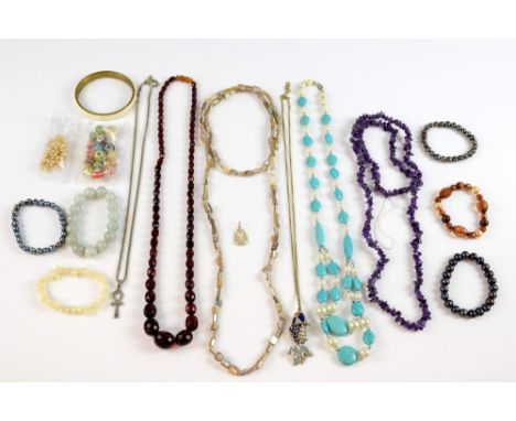 Collection of costume jewellery, including silver ankh pendant and chain, vintage red graduated faceted bead necklace, measur