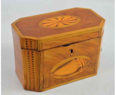 19th century mahogany tea caddy of octagonal section with herringbone and shell inlaid decoration, 13cm x 19.5cm x 9cm,.     