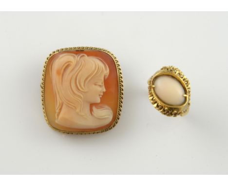 Vintage ring set with coral, in abstract form gold mount, stamped 750 for 18ct and a 20th C cameo portrait brooch, 9 ct .    