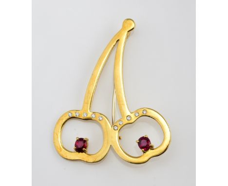 Diamond ruby double cherry brooch, two oval cut rubies, five round brilliant cut diamonds, mounted in 18 ct yellow gold, hall