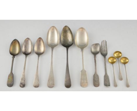 Various George III and later silver flatware comprising two old English pattern table spoons, a fiddle pattern table spoon, f