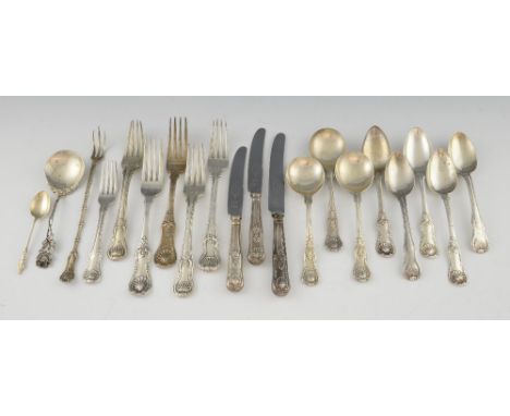 Selection of George III and later silver flatware, comprising five dinner forks, three soup spoons, five dessert spoons, dess