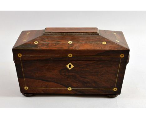 19th century rosewood and mother-of-pearl inlaid tea caddy, with glass bowl, on bun feet, 18cm x 30cm x 15.5cm,.     
