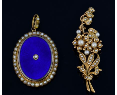 Blue enamel and pearl set locket the reverse with glazed compartment, 4.5 cm, 9 ct gold  and a pearl set spray brooch, testin