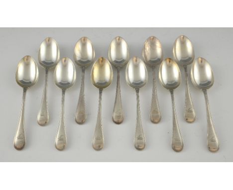 Set of eleven George V silver thread pattern teaspoons, by Thomas Bradbury & Sons Ltd., Sheffield, 1933, 13oz, 404g,.     