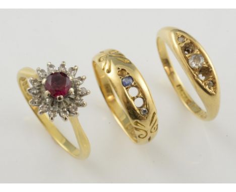 Three gem set rings, Victorian sapphire and diamond ring, ring size M,  Edwardian diamond ring, size M and ruby and diamond c