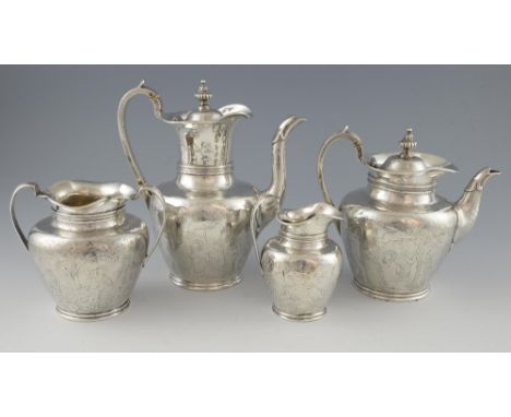 Victorian four-piece silver tea service, comprising teapot, coffeepot, sugar bowl and cream jug, each decorated with neo-clas