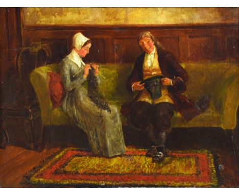 19th century interior scene with a man and a woman sitting on a sofa, indistinctly signed F. Bann oil on canvas, 29.5cm x 40c