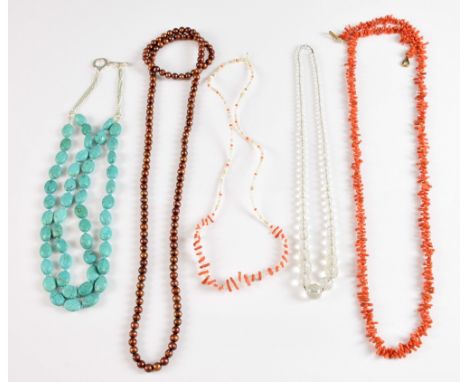 Coral branch necklace, measuring 102 cm in length, another with coral pearl and opaline glass beads, a turquoise bead necklac