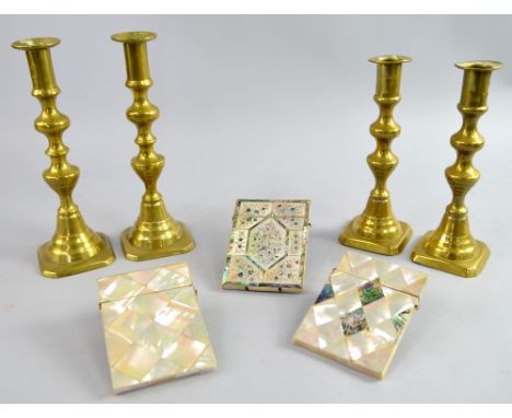 19th century mother of pearl card case with peacock and floral design and two other mother of pearl card cases, and two pairs
