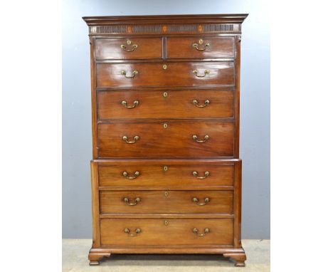 George III mahogany secretaire chest of two short over two long drawers, secretaire drawer enclosing cupboard flanked by secr