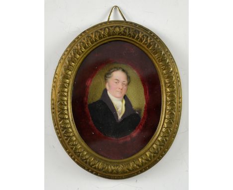 19th Century portrait miniature of gentleman in a black coat in gilt metal frame - 13 x 10.     