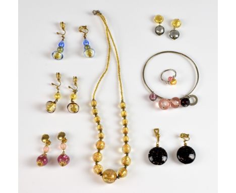 Vintage Venetian glass jewellery, gold cased glass necklace, five  pairs of earrings, a ring and a bangle stamped Murano .   