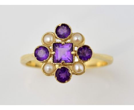 Amethyst and pearl ring, in millgrain setting, 9 ct gold,  size O 1/2 .     