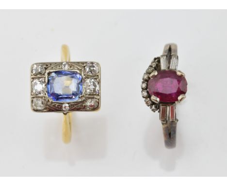 Two rings, Edwardian sapphire and diamond ring, oval cut sapphire, estimated weight 0.79 carat, surrounded by eight old cut d