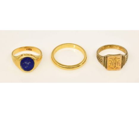 Antique gold signet ring set with blue stone,18 ct, another silver gilt with monogram MM, and a wedding band, bearing French 