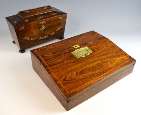 Early 19th century rosewood sarcophagus two canister tea caddy with mother of pearl inlay, 30cm wide, 20cm high, 15cm deep, t