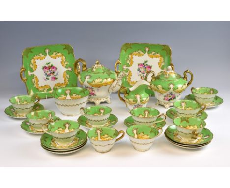 19th Century part tea service, comprising tea pot and cover, sucrier and cover, basin, cream jug, two sandwich plates and ten