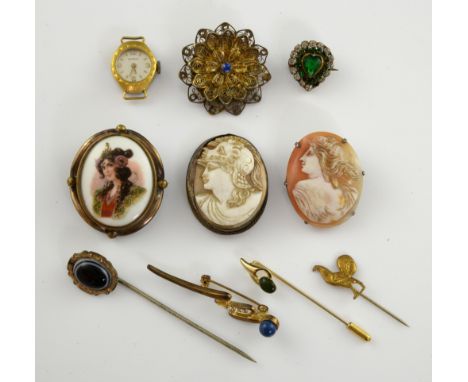 Victorian cameo brooches,another with porcelain plaque, banded agate stick pin  and other costume jewellery .     