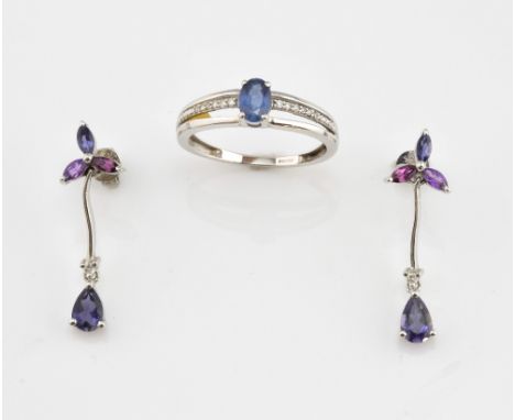 Sapphire and diamond ring, oval cut sapphire with Swiss cut diamonds, size O and tanzanite, amethyst and garnet drop earrings