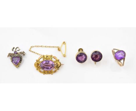 Collection of mainly amethyst jewellery, heart cut amethyst brooch surrounded by seed pearls, measuring approximately  2.5cm 