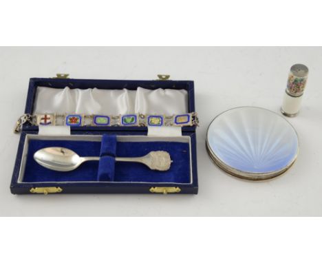 Modern silver compact with enamelled and engine turned decoration, by Henry Clifford Davis, Birmingham, 1953, enamelled lip s
