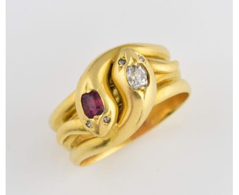 Double head snake ring, one snake set with old cut diamond, estimated diamond weight 0.24ct, the other set with rectangular c