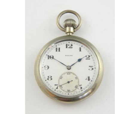 Rolex military issue nickel cased pocket watch,  signed white round dial Arabic numerals and sub dial, blue steel hands, reve