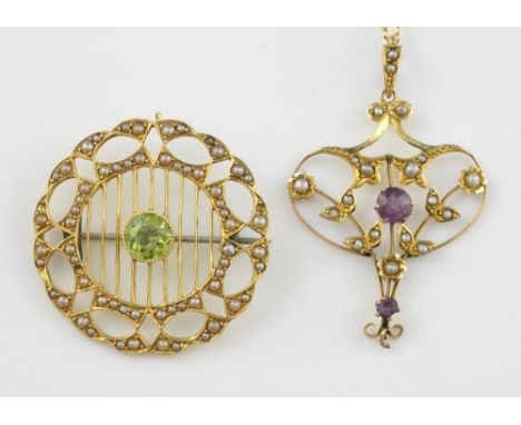 Edwardian pendant set with amethyst and seed pearl, 4.3 cm and a brooch with seed pearl and peridot, 3.3 cm  .     7.6 grams 