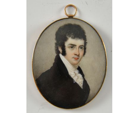 19th Century portrait miniature of a Man in a Black coat in yellow metal frame backed with hair - 7 x 5 cm  frame testing as 