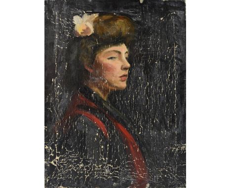Early 20th century, portrait of a young woman wearing a red scarf with a flower in her hair, unsigned, oil on canvas, inscrib