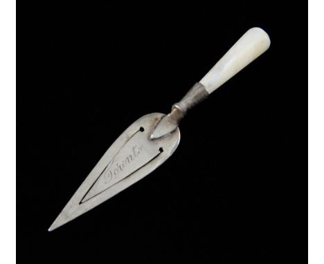 Silver trowel bookmark with mother of pearl handle.     