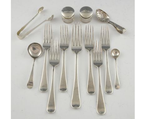 Six George III old English pattern silver dessert forks and other silver items comprising a table fork, tongs, two caddy spoo