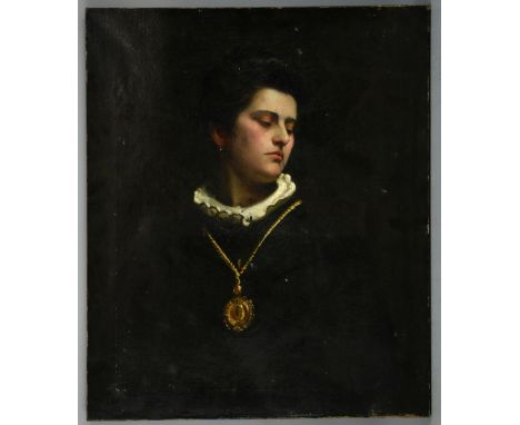 19th Century portrait of a Young Woman with a Gold Locket and Chain, unsigned oil on canvas - 77 x 64 cm .     Extensive craq