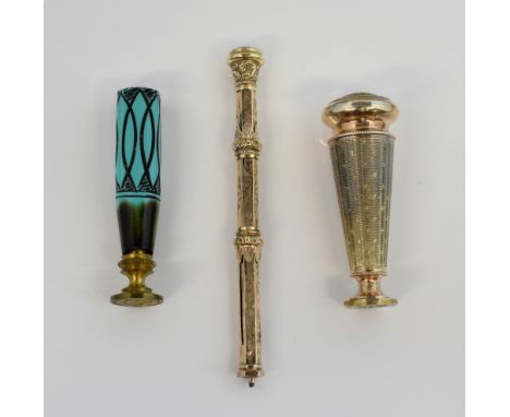 Victorian gilt metal pencil, in engraved case with clear stone set finial, two French cased seals, one with engine turned dec