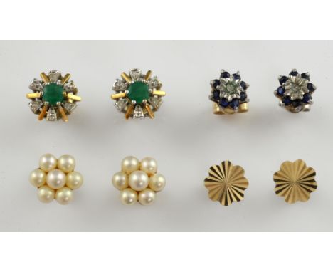 Four pairs of earrings, emerald and diamond studs, set in 18 ct, three other pairs, pearl earrings and sapphire cluster and g