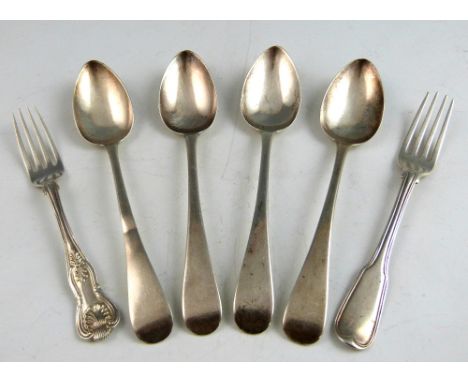 Set of four silver old English pattern George III dessert spoons London 1780 makers WB, Georgian fiddle and thread pattern de