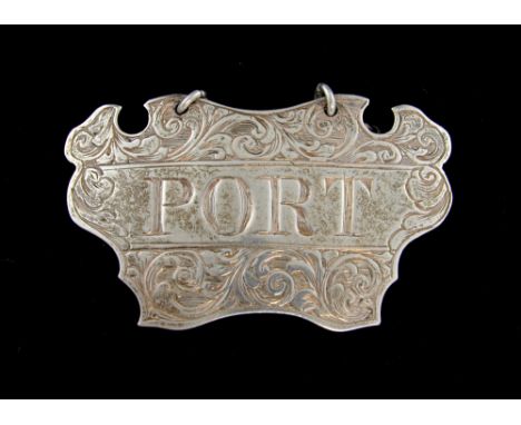 Victorian silver decanter label 'PORT' with engraved scrolling decoration, by George Unite, Birmingham, 1843, 14g,.     