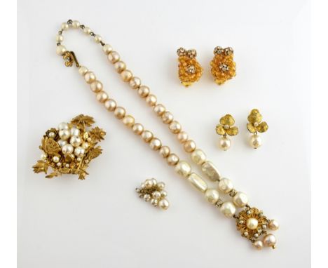 Updated description, Miriam Haskell faux pearl gilt metal Jewellery signed brooch, and pearl drop earrings, a necklace, By De