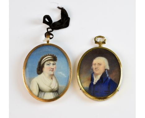 19th Century portrait miniature of a Man in a Coat  - 6.5 x 5 cm and another of a Lady in a White Dress  - 7 x 6 cm .     