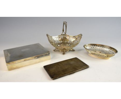 Group of silver items comprising an engine turned cigarette case, by D Bros, Birmingham, 1949, a cigarette box and two basket