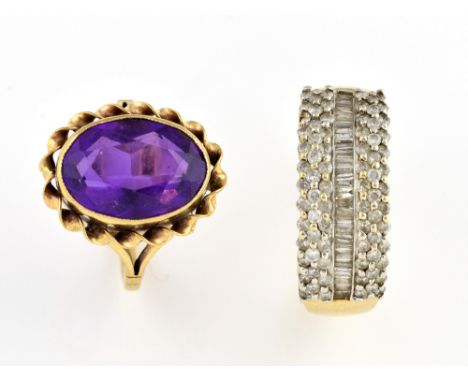 Two gold rings, diamond dress ring, with central row of baguette cuts, and three rows of round brilliant cut diamonds set eit