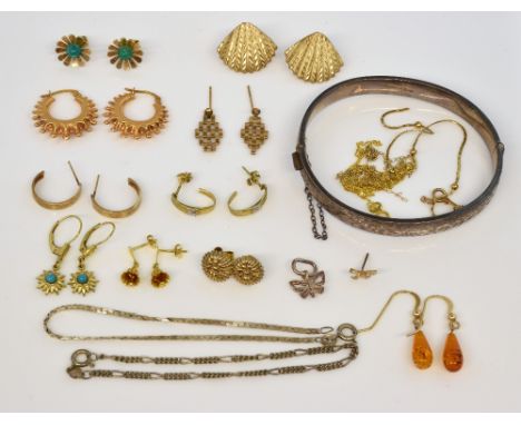 Collection of jewellery, including nine pairs of 9ct yellow gold earrings, together with silver floral hinged bangle, hallmar