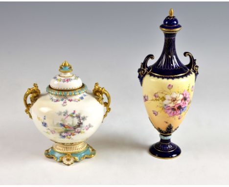 Crown Derby ginger jar, with twin gilt handles and on spreading foot, 21 cm, together with a Royal Worcester vase and cover, 