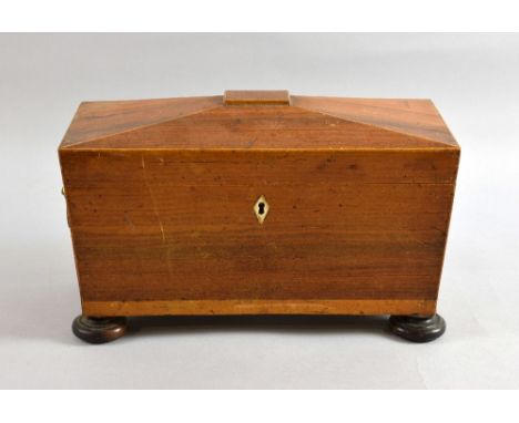 George III rosewood tea caddy with twin compartments flanking an etched glass bowl, on squashed bun feet, 21cm x 33cm x 16cm,