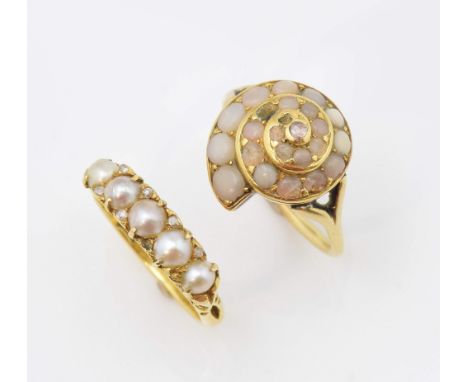 Common opal and diamond shell ring, size M, mounted in yellow metal testing as 14ct, with pearl and diamond ring, size N, mou