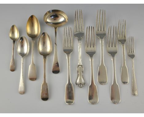 Three William IV silver fiddle pattern table forks, by Edwin Henry Sweet, Exeter, 1831, sauce ladle and other flatware, 20oz,