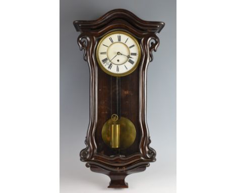 Single train wall clock with white enamel dial in glazed stained wood case. 75cm high and a black slate mantle clock (2).    