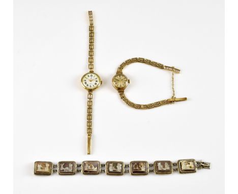 Ladies gold Rotary wristwatch, round dial with baton hour markers, quartz movement, with similar Jakks watch, both with 9 ct 