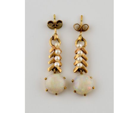 Opal and pearl drop earrings, with cabochon opals in 9 ct gold, length 2.7 cm  .     